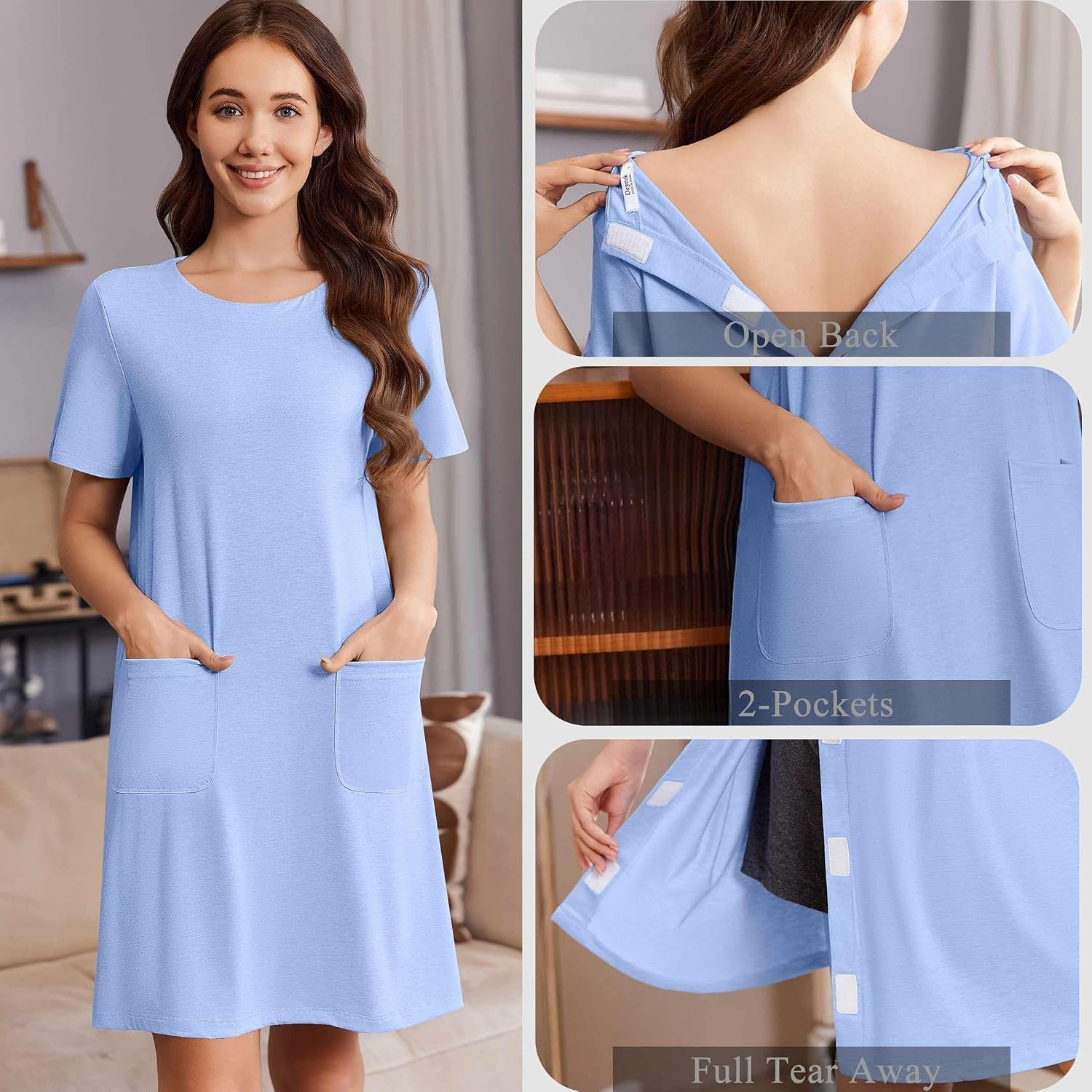 image:imageDeyeek Open Back Hospital Gowns for Women Tear Away Post Surgery Dresses Short Sleeve Soft Nightgown for Elderly Women With PocketLight Blue
