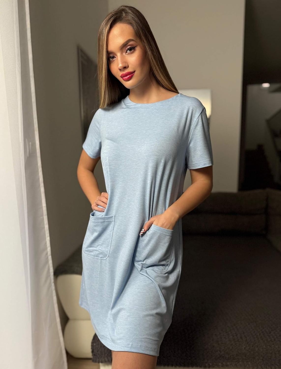 image:imageDeyeek Open Back Hospital Gowns for Women Tear Away Post Surgery Dresses Short Sleeve Soft Nightgown for Elderly Women With PocketLight Blue