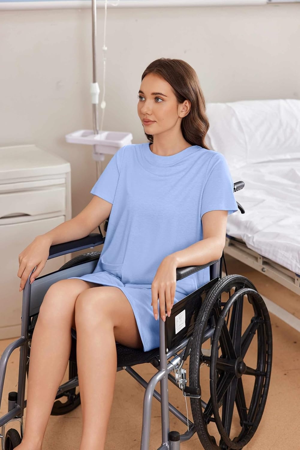 image:imageDeyeek Open Back Hospital Gowns for Women Tear Away Post Surgery Dresses Short Sleeve Soft Nightgown for Elderly Women With PocketLight Blue
