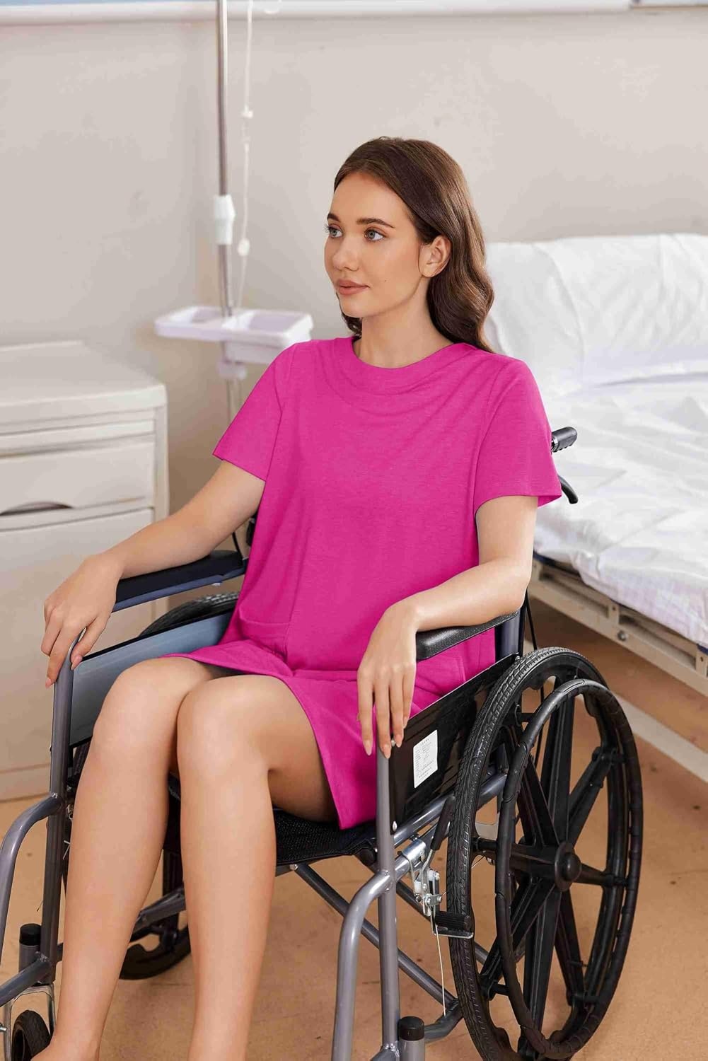 image:imageDeyeek Open Back Hospital Gowns for Women Tear Away Post Surgery Dresses Short Sleeve Soft Nightgown for Elderly Women With PocketRose Red