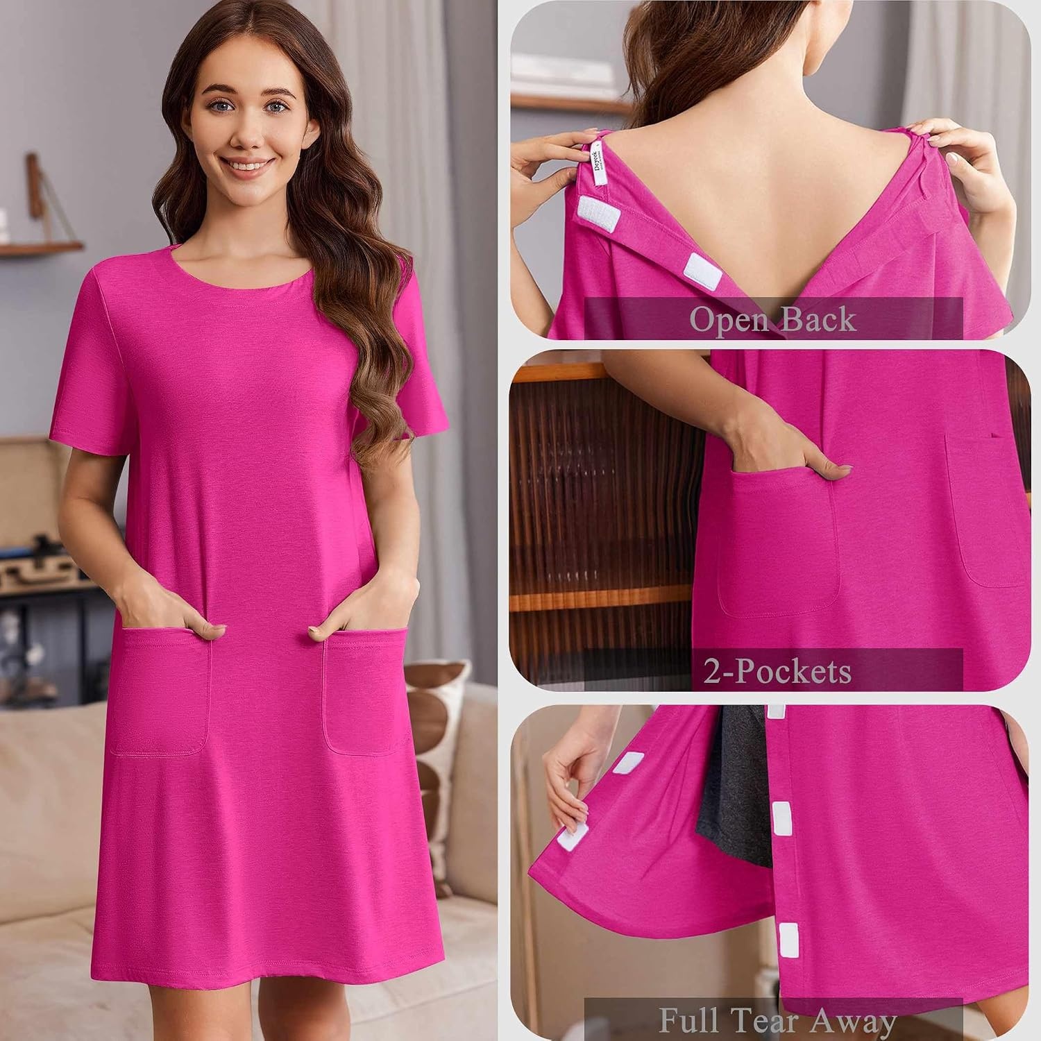 image:imageDeyeek Open Back Hospital Gowns for Women Tear Away Post Surgery Dresses Short Sleeve Soft Nightgown for Elderly Women With PocketRose Red
