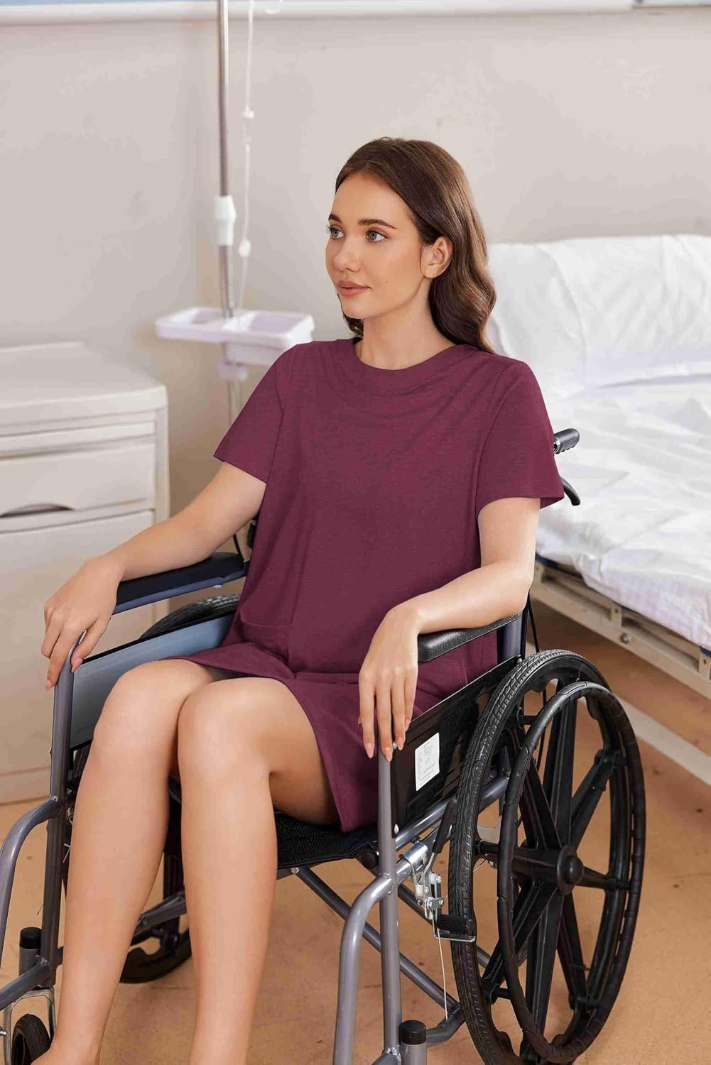 image:imageDeyeek Open Back Hospital Gowns for Women Tear Away Post Surgery Dresses Short Sleeve Soft Nightgown for Elderly Women With PocketWine Red