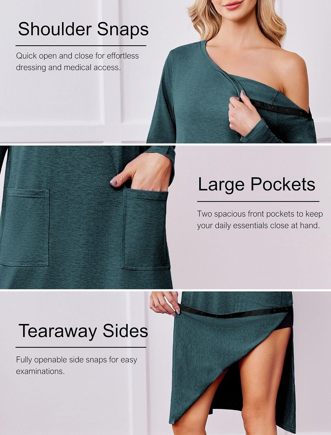 image:imageDeyeek Post Shoulder Surgery Gowns for Women Tear Away Recovery Dress Shoulder surgery recovery supplies Soft breathable H line cut Tear away full side snap pocket Hospital home nursing careLagoon Green