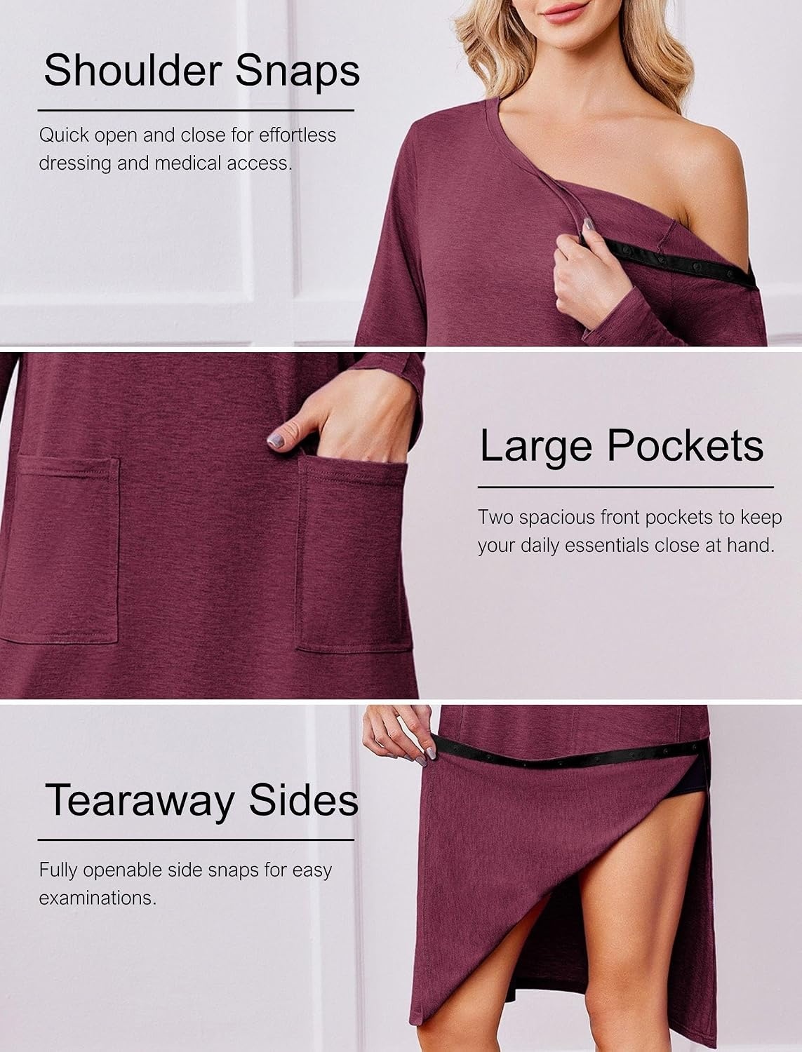image:imageDeyeek Post Shoulder Surgery Gowns for Women Tear Away Recovery Dress Shoulder surgery recovery supplies Soft breathable H line cut Tear away full side snap pocket Hospital home nursing careWine Red