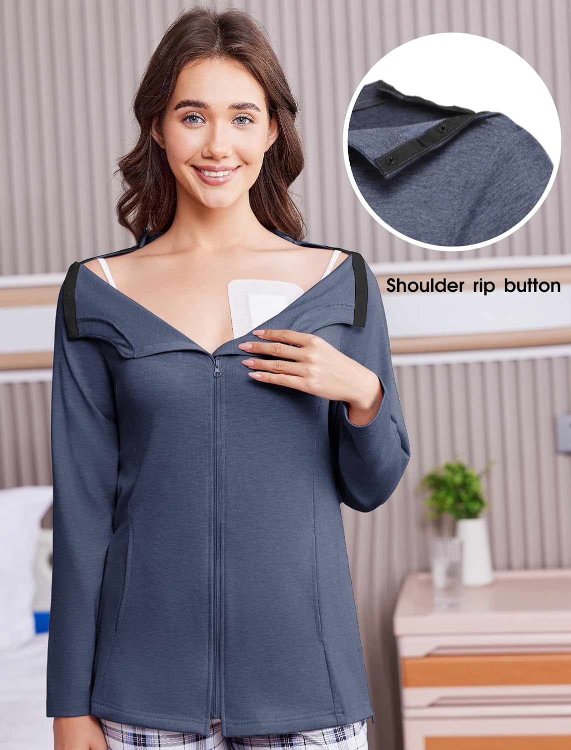 image:imageMastectomy Shirts with Drain Pockets Post Shoulder Surgery Tops for Women Chemo Port Long Sleeve with ZippersDark Blue