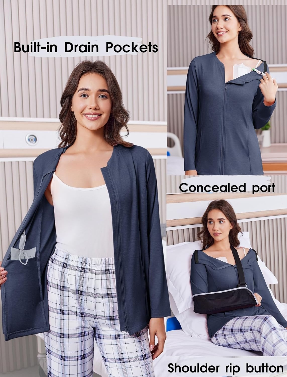 image:imageMastectomy Shirts with Drain Pockets Post Shoulder Surgery Tops for Women Chemo Port Long Sleeve with ZippersDark Blue