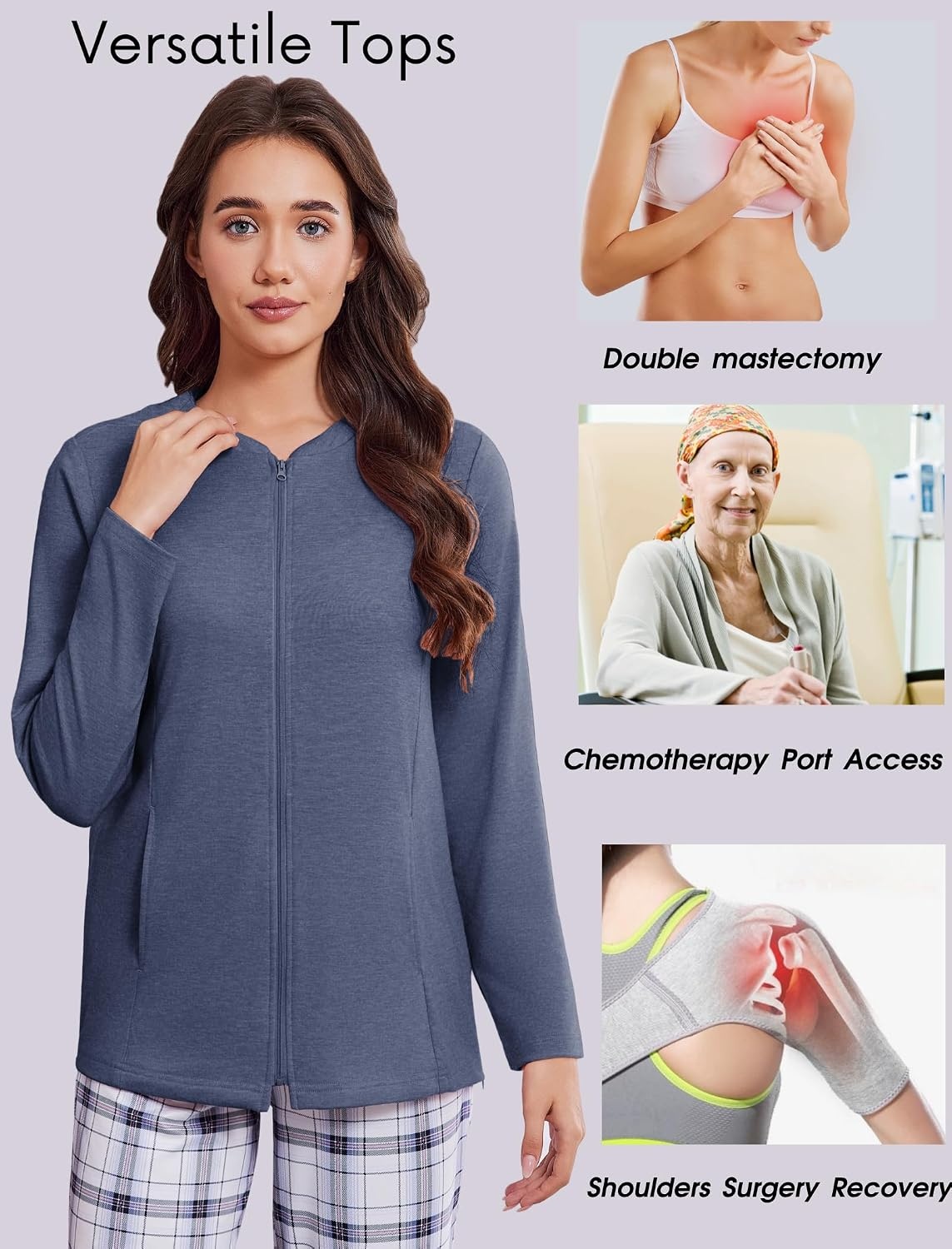 image:imageMastectomy Shirts with Drain Pockets Post Shoulder Surgery Tops for Women Chemo Port Long Sleeve with ZippersDark Blue