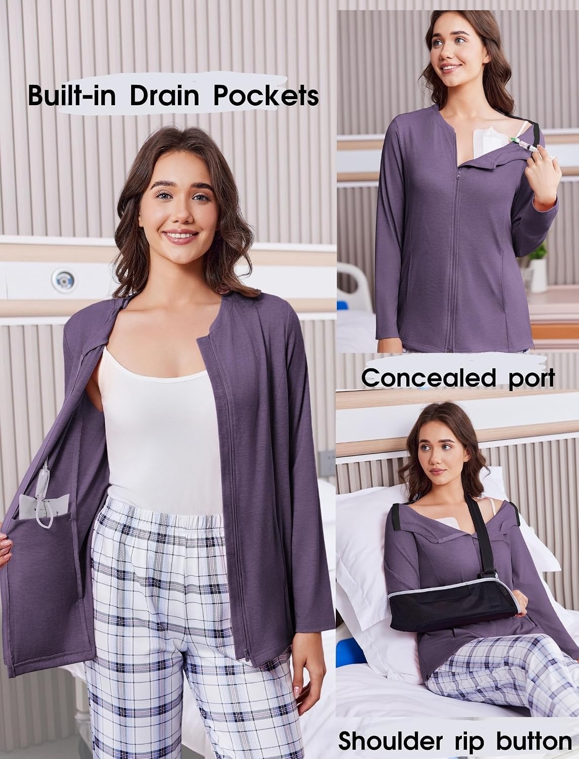 image:imageMastectomy Shirts with Drain Pockets Post Shoulder Surgery Tops for Women Chemo Port Long Sleeve with ZippersDark Purple