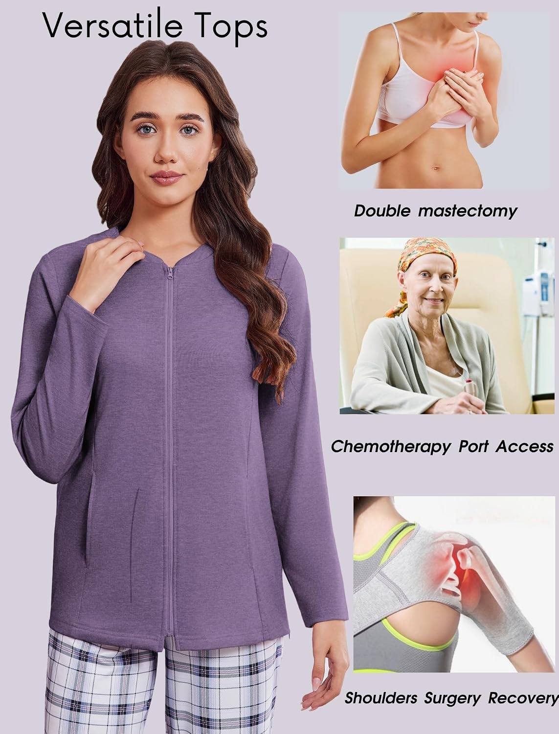 image:imageMastectomy Shirts with Drain Pockets Post Shoulder Surgery Tops for Women Chemo Port Long Sleeve with ZippersDark Purple