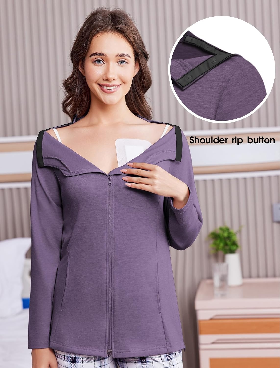 image:imageMastectomy Shirts with Drain Pockets Post Shoulder Surgery Tops for Women Chemo Port Long Sleeve with ZippersDark Purple