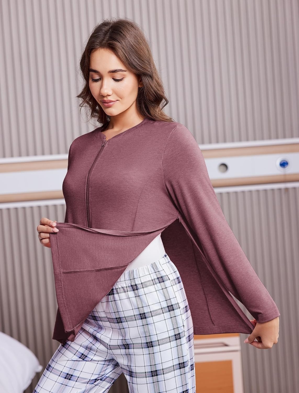 image:imageMastectomy Shirts with Drain Pockets Post Shoulder Surgery Tops for Women Chemo Port Long Sleeve with ZippersDark Red