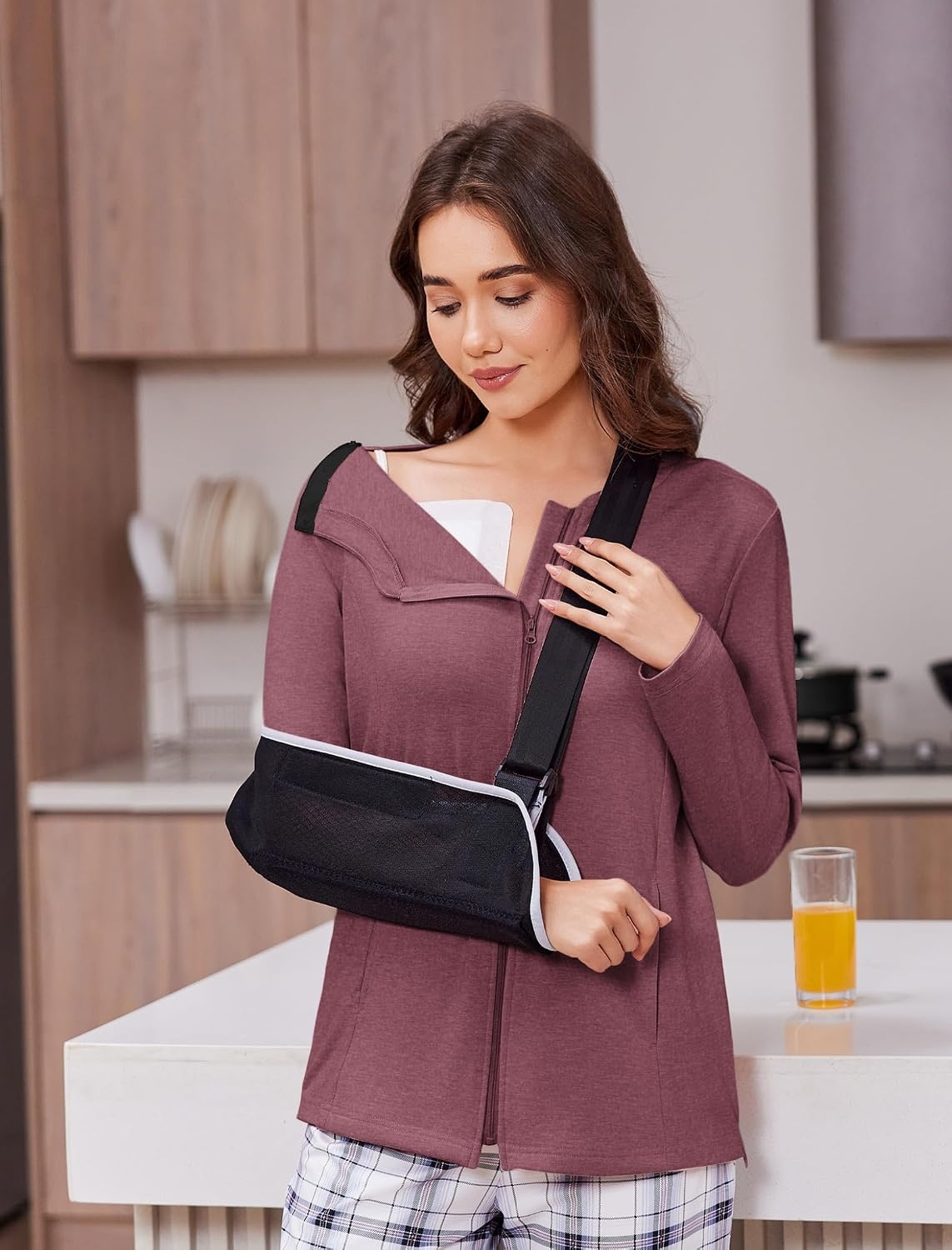 image:imageMastectomy Shirts with Drain Pockets Post Shoulder Surgery Tops for Women Chemo Port Long Sleeve with ZippersDark Red