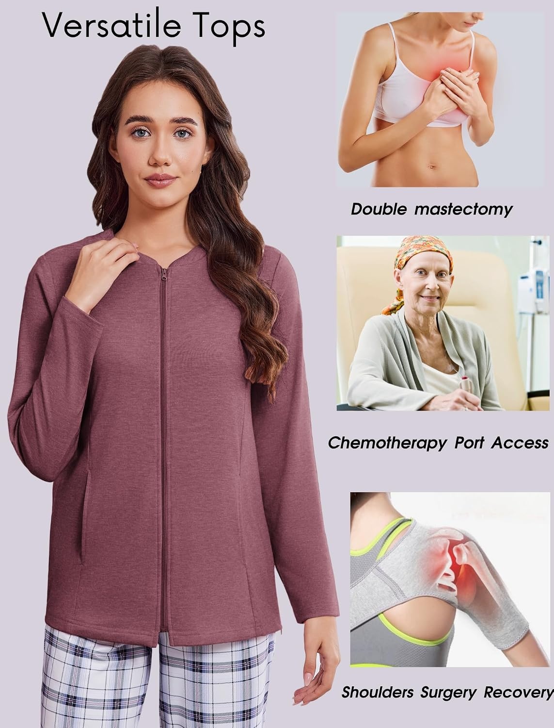 image:imageMastectomy Shirts with Drain Pockets Post Shoulder Surgery Tops for Women Chemo Port Long Sleeve with ZippersDark Red