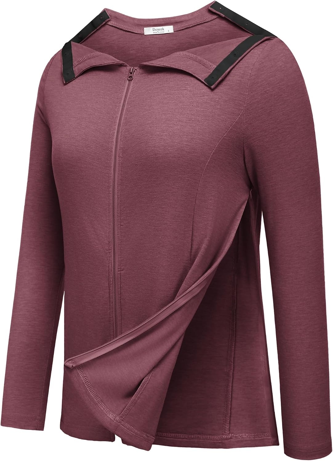 image:imageMastectomy Shirts with Drain Pockets Post Shoulder Surgery Tops for Women Chemo Port Long Sleeve with ZippersDark Red