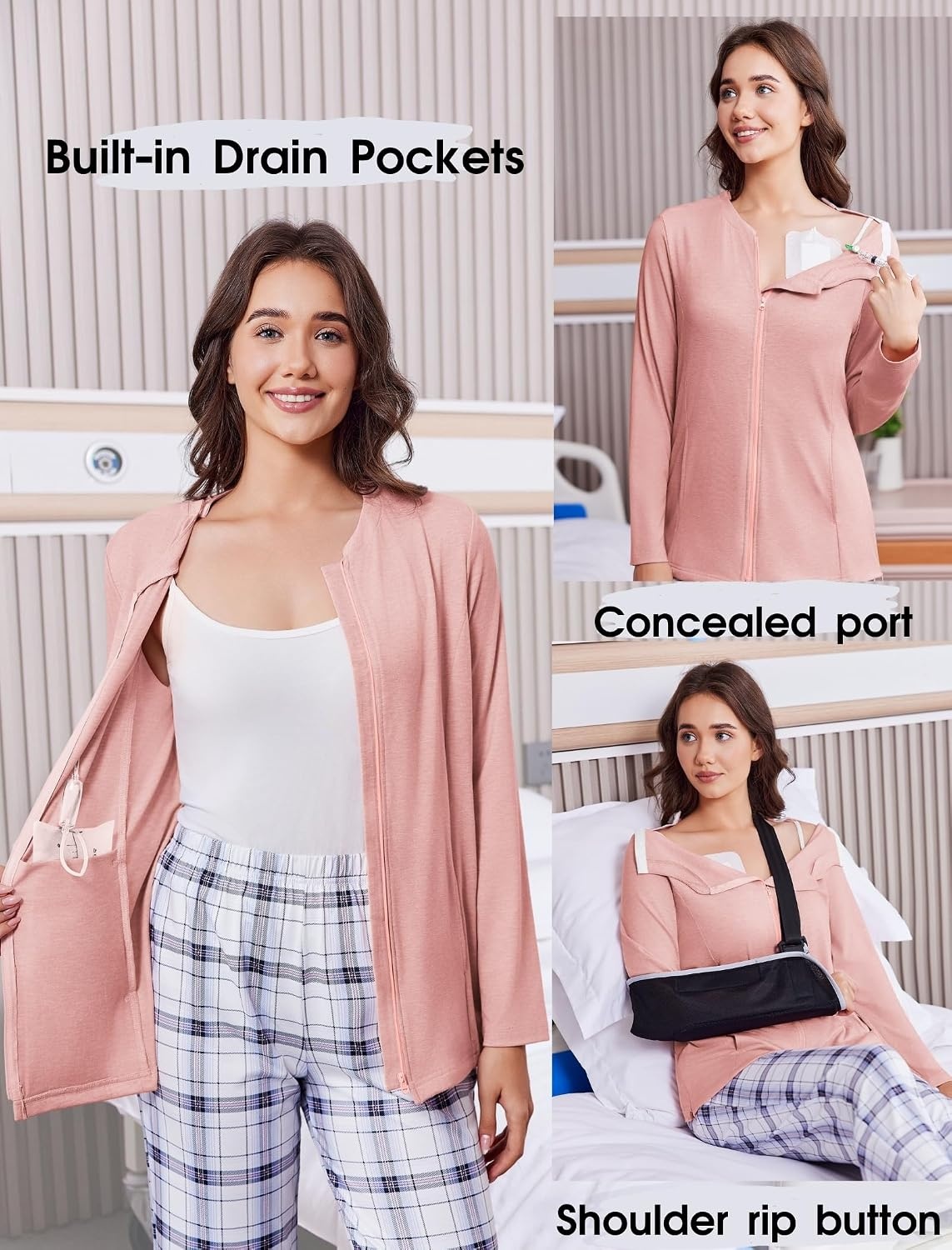 image:imageMastectomy Shirts with Drain Pockets Post Shoulder Surgery Tops for Women Chemo Port Long Sleeve with ZippersLight Pink