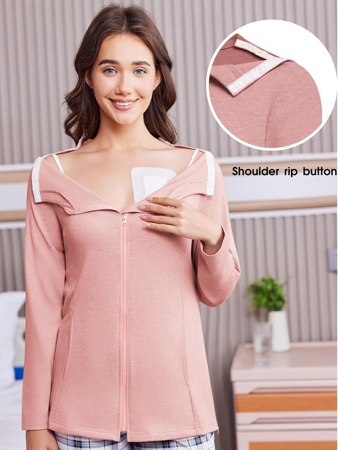 image:imageMastectomy Shirts with Drain Pockets Post Shoulder Surgery Tops for Women Chemo Port Long Sleeve with ZippersLight Pink