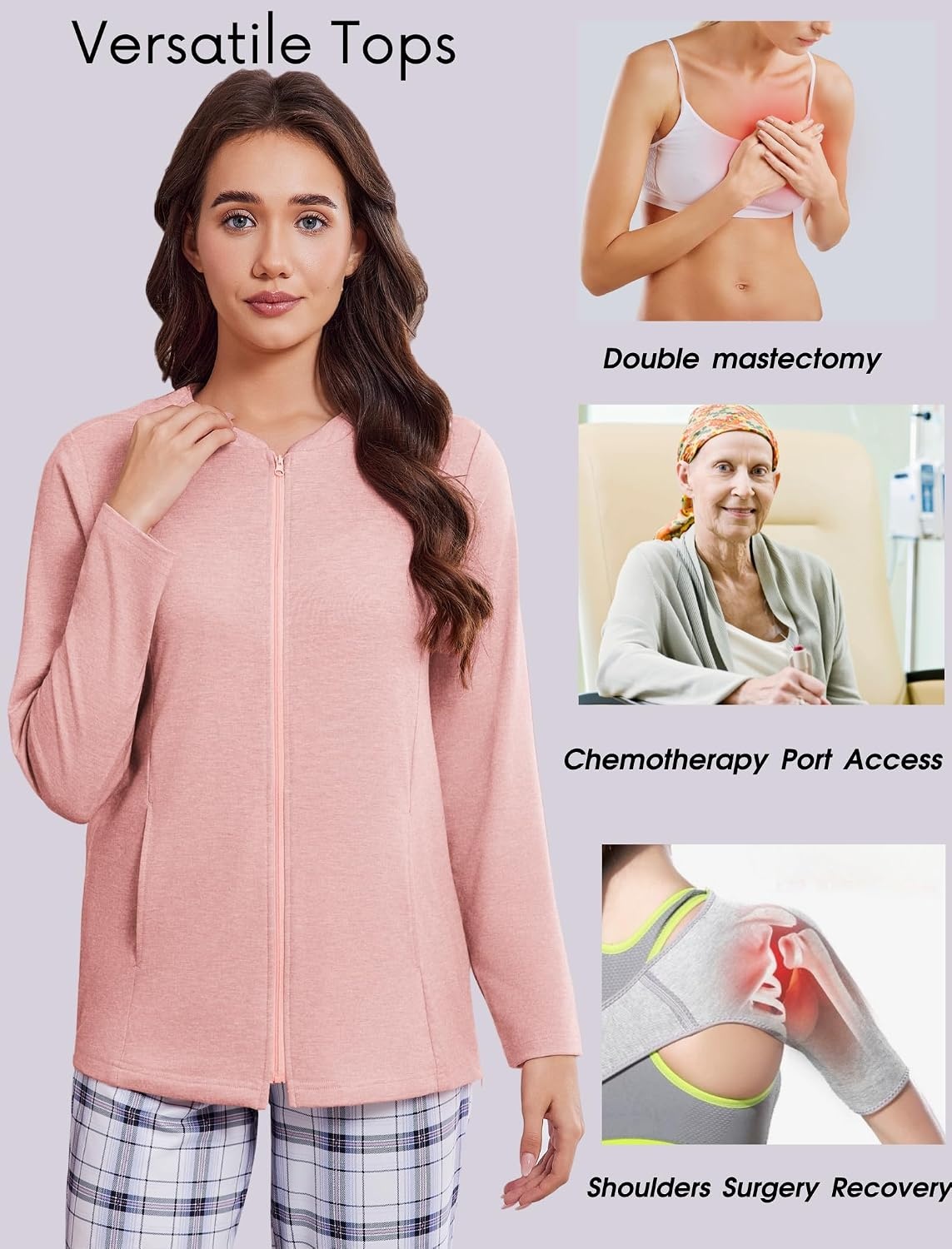 image:imageMastectomy Shirts with Drain Pockets Post Shoulder Surgery Tops for Women Chemo Port Long Sleeve with ZippersLight Pink