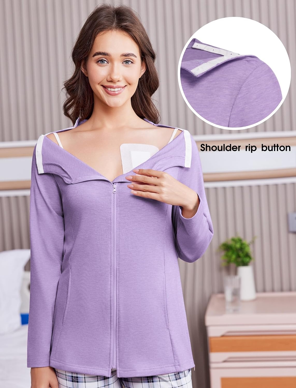 image:imageMastectomy Shirts with Drain Pockets Post Shoulder Surgery Tops for Women Chemo Port Long Sleeve with ZippersPurple