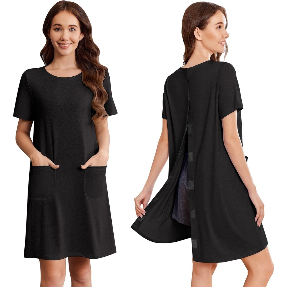 image:imageDeyeek Open Back Hospital Gowns for Women Tear Away Post Surgery Dresses Short Sleeve Soft Nightgown for Elderly Women With PocketBlack