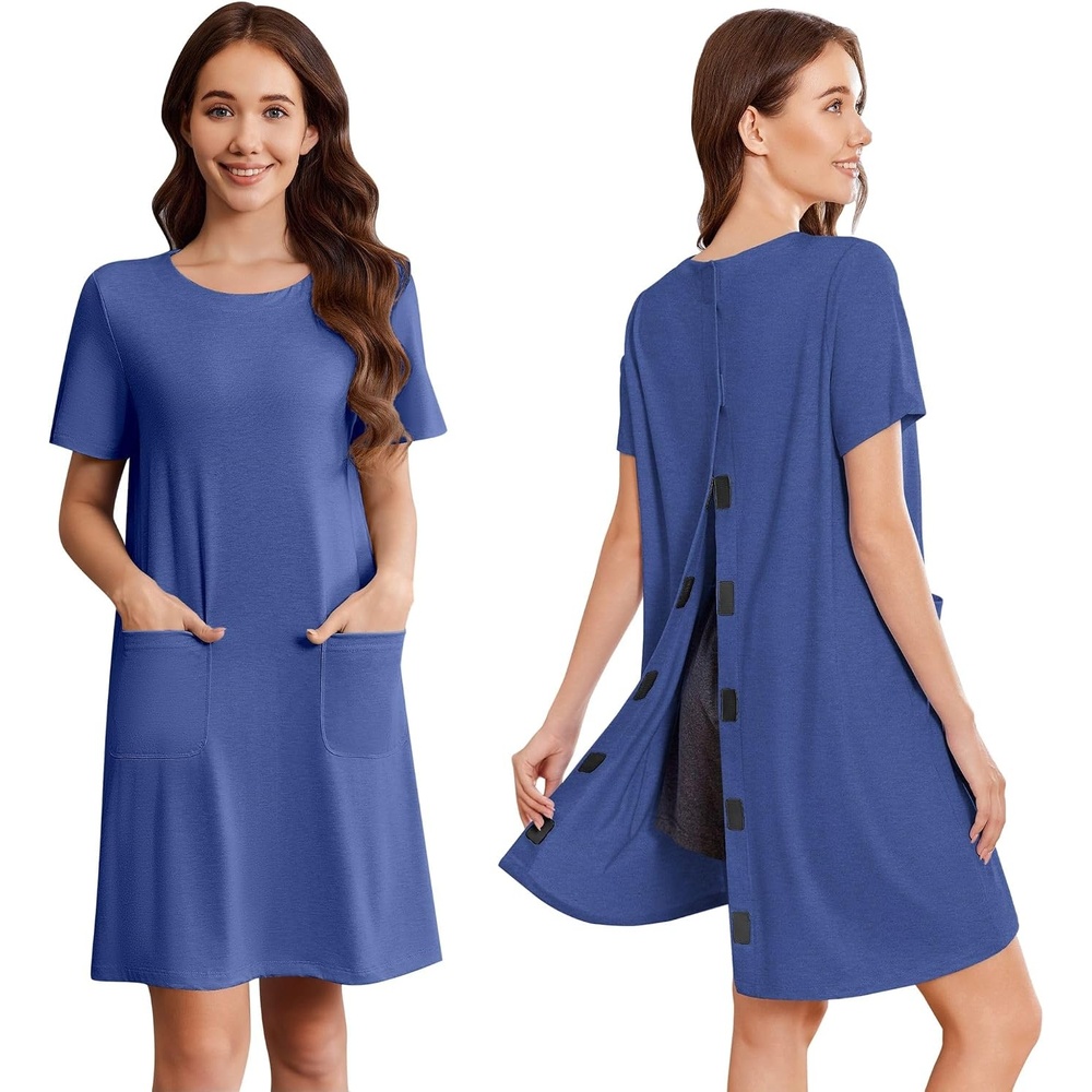 image:imageDeyeek Open Back Hospital Gowns for Women Tear Away Post Surgery Dresses  Short Sleeve Soft Nightgown for Elderly Women With PocketDeep Blue