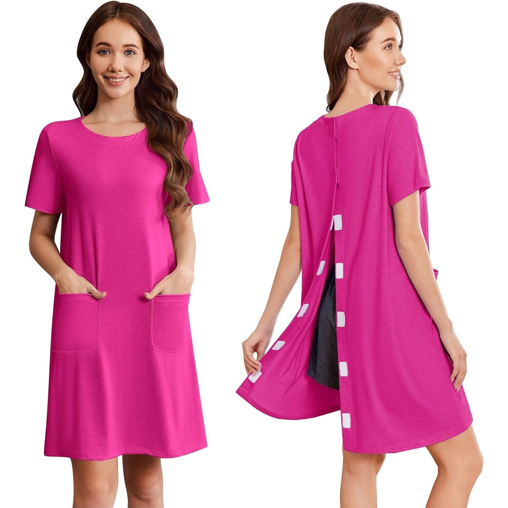 image:imageDeyeek Open Back Hospital Gowns for Women Tear Away Post Surgery Dresses Short Sleeve Soft Nightgown for Elderly Women With PocketRose Red