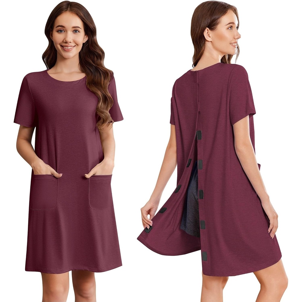image:imageDeyeek Open Back Hospital Gowns for Women Tear Away Post Surgery Dresses Short Sleeve Soft Nightgown for Elderly Women With PocketWine Red