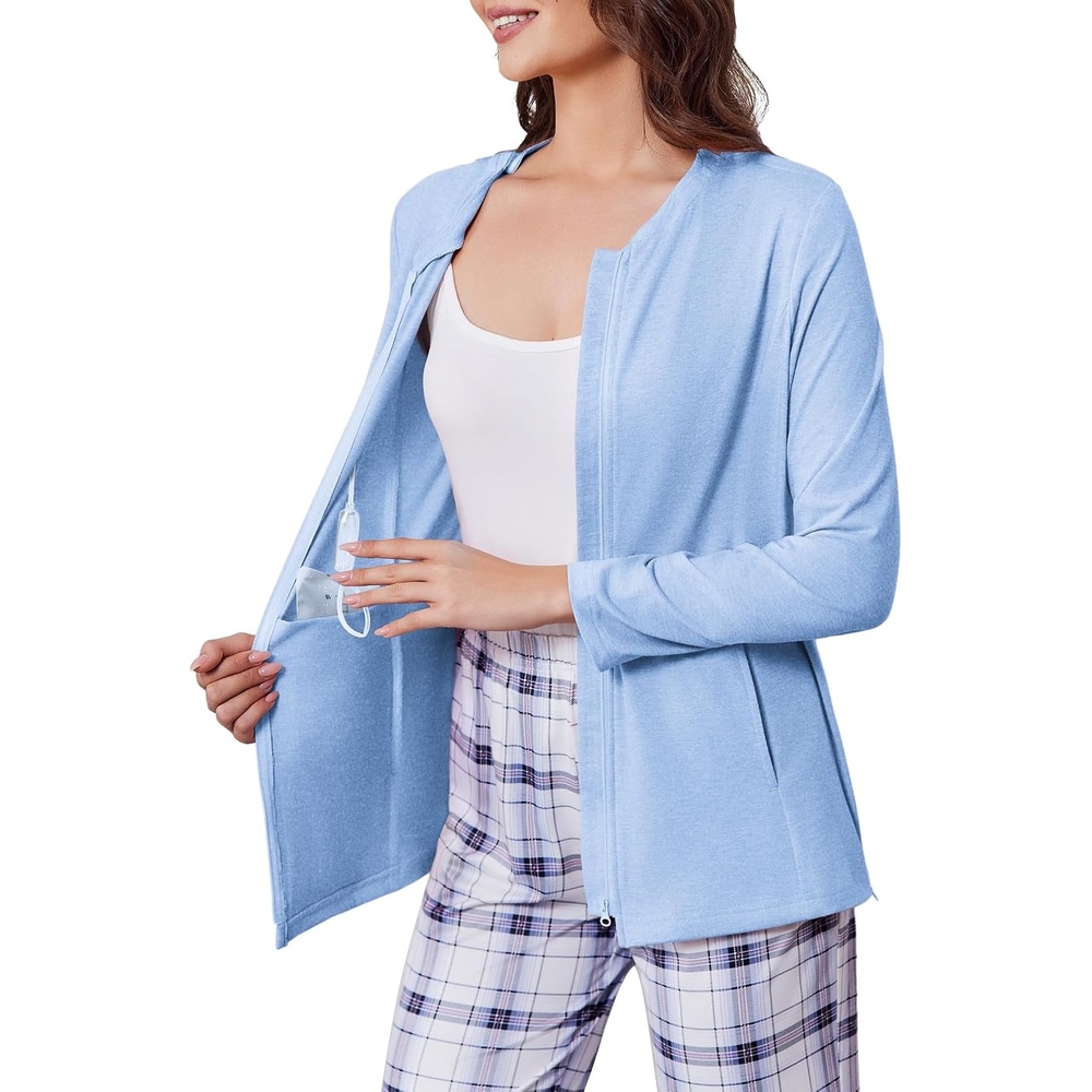 image:imageMastectomy Shirts with Drain Pockets Post Shoulder Surgery Tops for Women Chemo Port Long Sleeve with ZippersLight Blue
