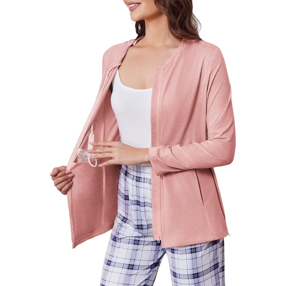 image:imageMastectomy Shirts with Drain Pockets Post Shoulder Surgery Tops for Women Chemo Port Long Sleeve with ZippersLight Pink