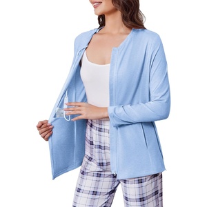 Mastectomy Shirts with Drain Pockets Post Shoulder Surgery Tops for Women Chemo Port Long Sleeve with Zippers(Light Blue)