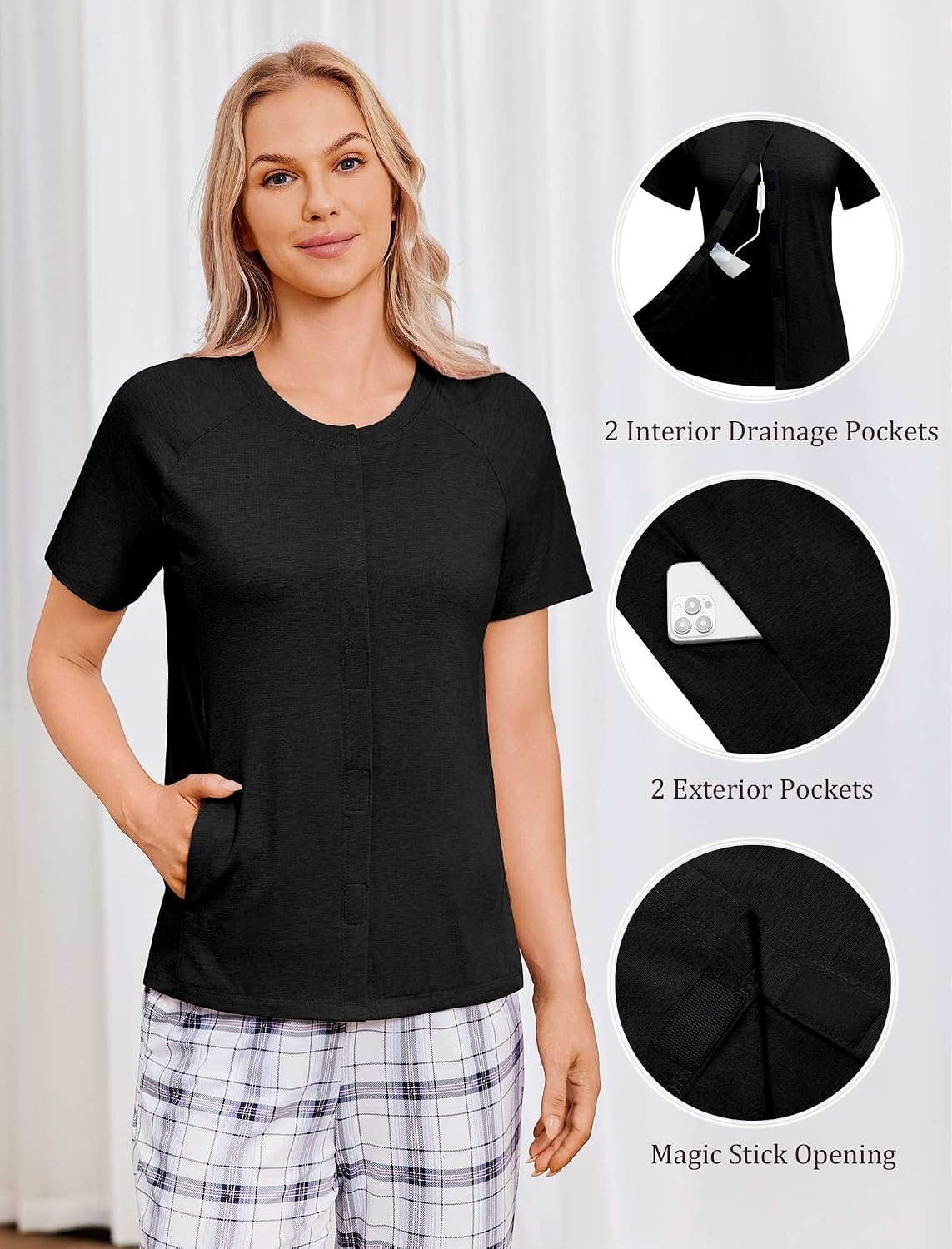 image:imageDeyeek Mastectomy Shirts with Drain Pockets for Women Short Sleeve Shirt Chemotherapy Must Haves Surgery Recovery SuppliesBlack