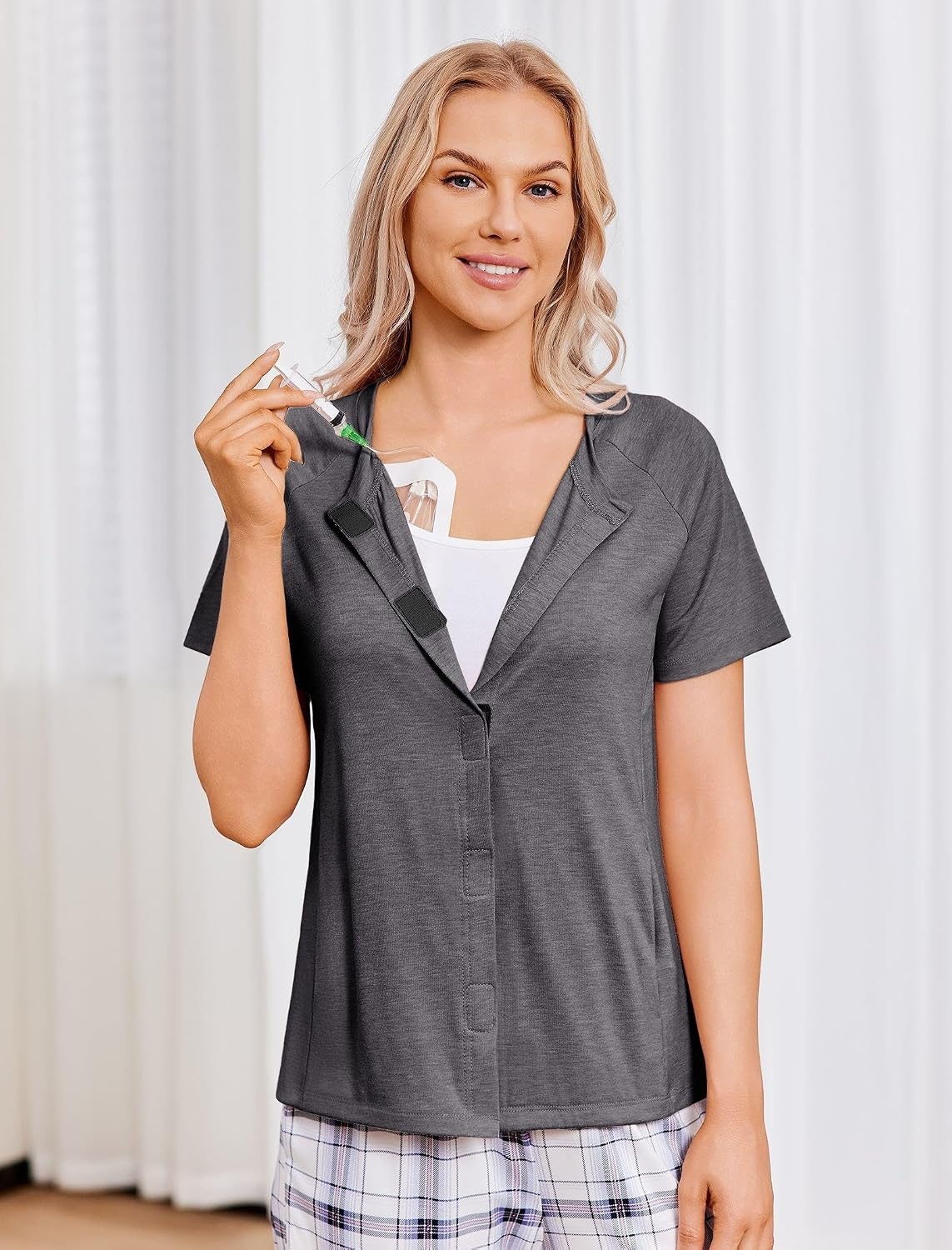 image:imageDeyeek Mastectomy Shirts with Drain Pockets for Women Short Sleeve Shirt Chemotherapy Must Haves Surgery Recovery SuppliesDark Gray