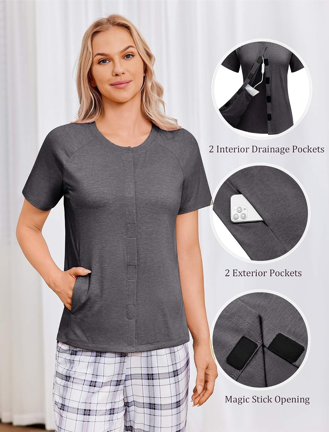 image:imageDeyeek Mastectomy Shirts with Drain Pockets for Women Short Sleeve Shirt Chemotherapy Must Haves Surgery Recovery SuppliesDark Gray