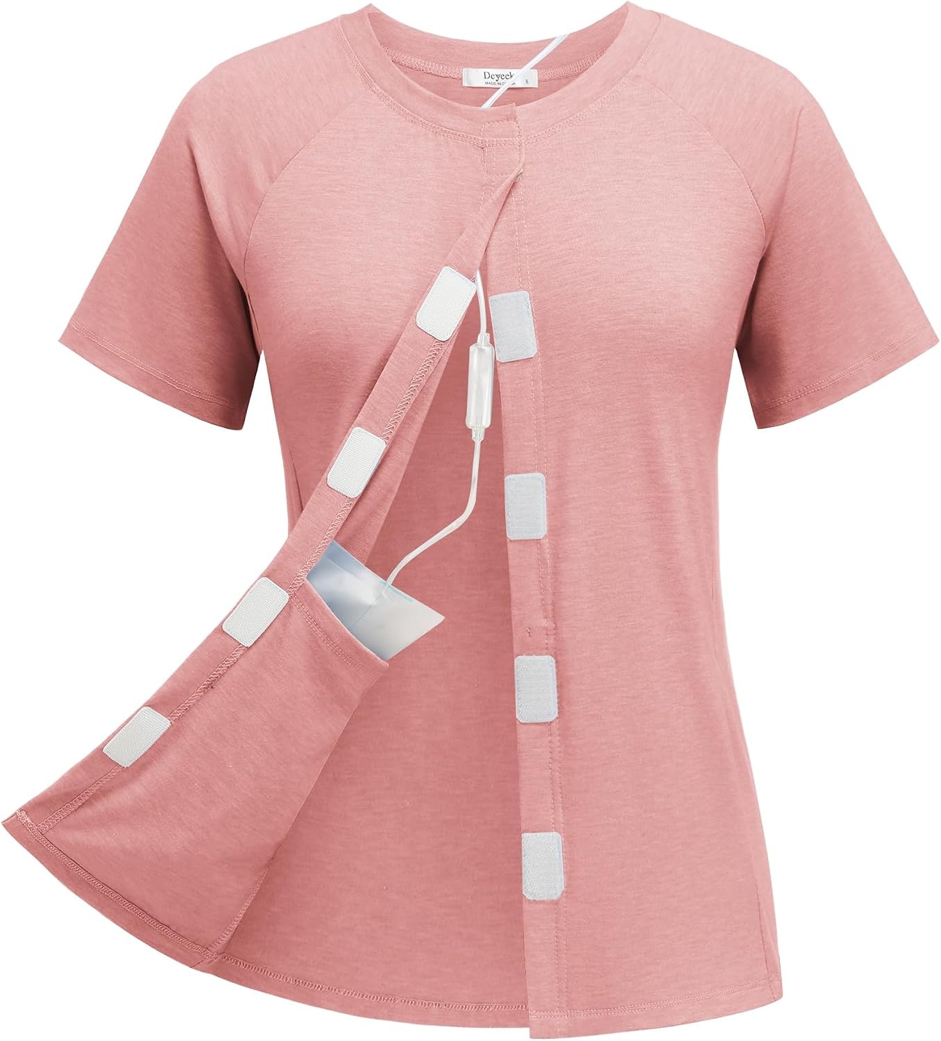 image:imageDeyeek Mastectomy Shirts with Drain Pockets for Women Short Sleeve Shirt Chemotherapy Must Haves Surgery Recovery SuppliesLotus Root Pink