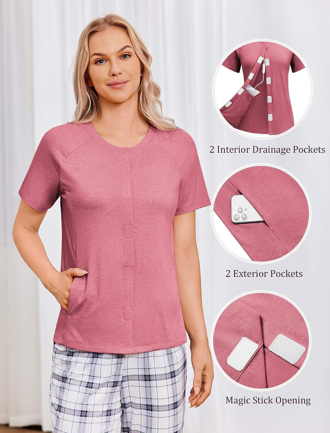 image:imageDeyeek Mastectomy Shirts with Drain Pockets for Women Short Sleeve Shirt Chemotherapy Must Haves Surgery Recovery SuppliesPurple Red
