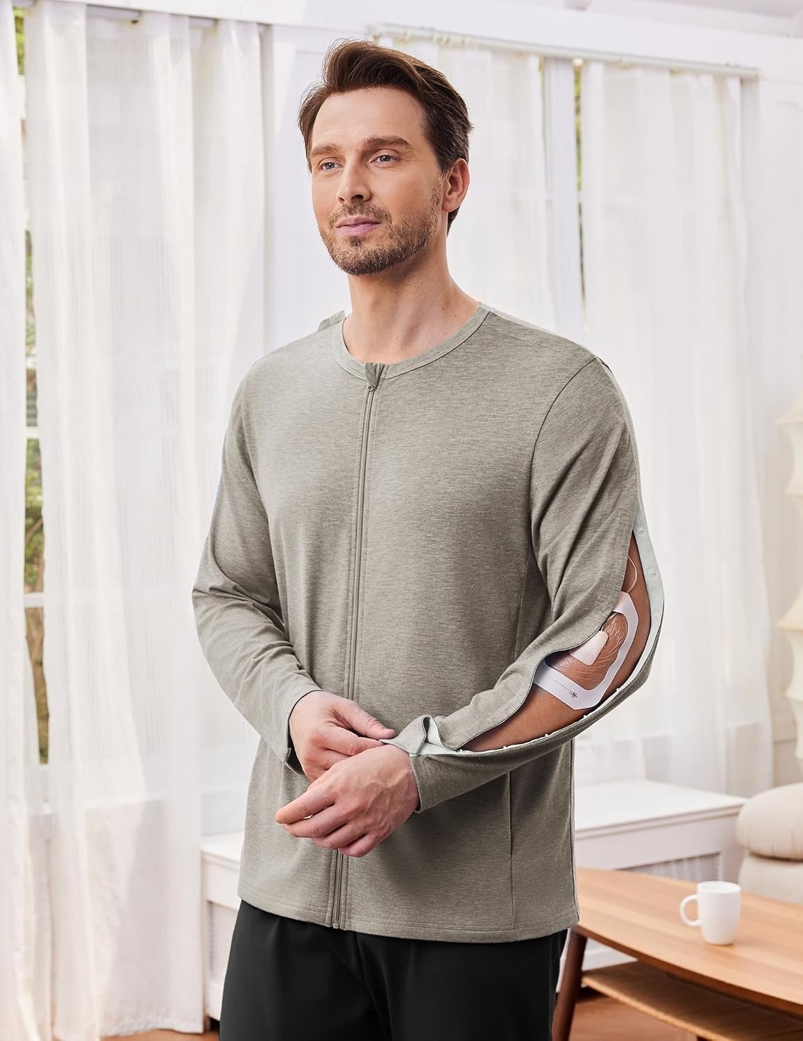 image:imageDeyeek Mens Front Zip Post Shoulder Surgery Adaptive Shirt Full arm snap open design builtin pocket comfortable chemo recovery wear for shoulder injuryLight Tan