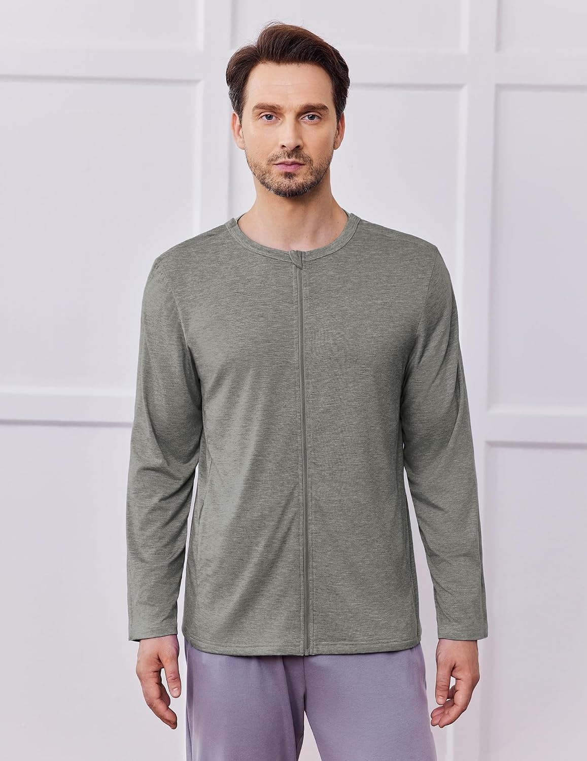 image:imageDeyeek Mens Front Zip Post Shoulder Surgery Adaptive Shirt Full arm snap open design builtin pocket comfortable chemo recovery wear for shoulder injuryHeather Grey