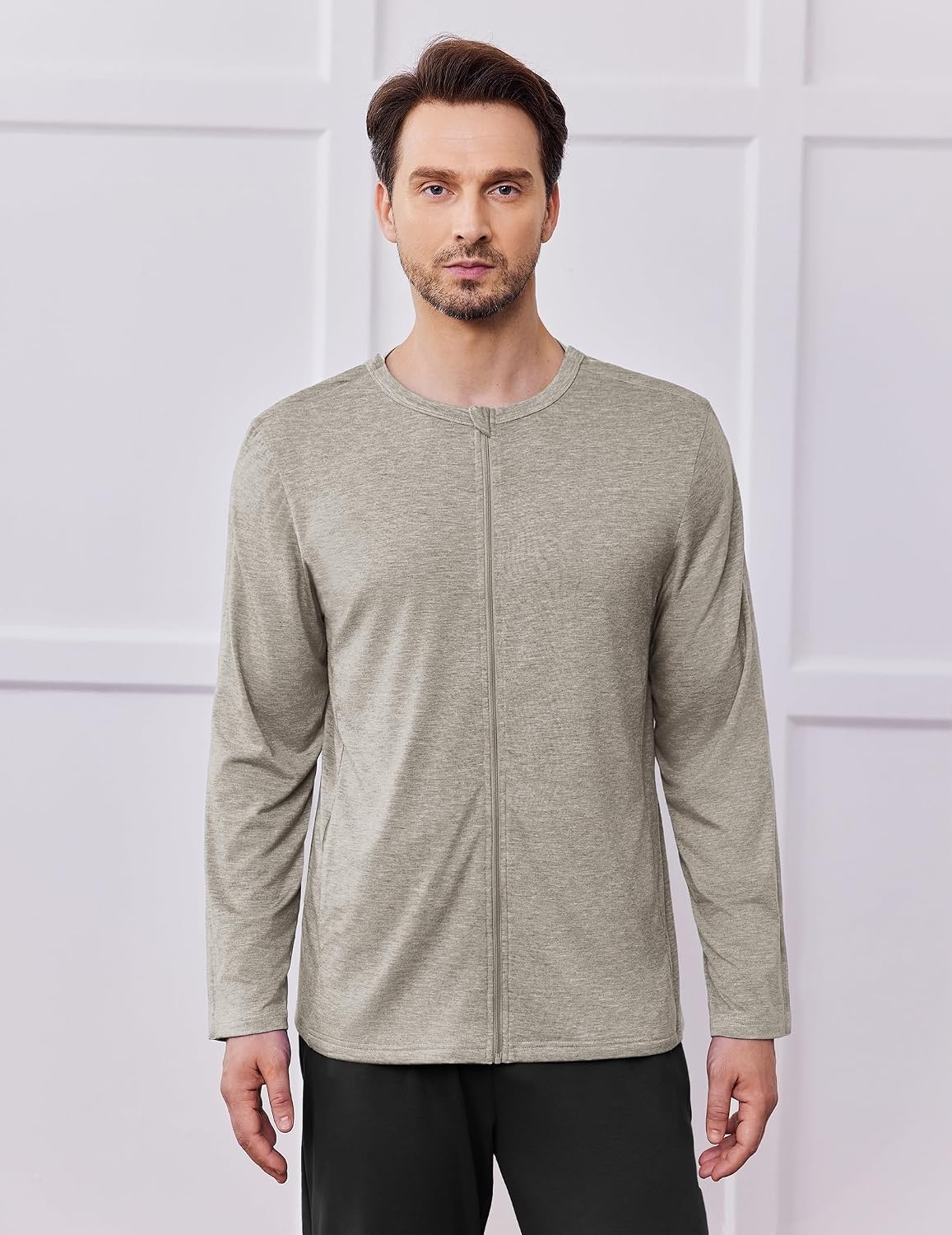 image:imageDeyeek Mens Front Zip Post Shoulder Surgery Adaptive Shirt Full arm snap open design builtin pocket comfortable chemo recovery wear for shoulder injuryLight Tan