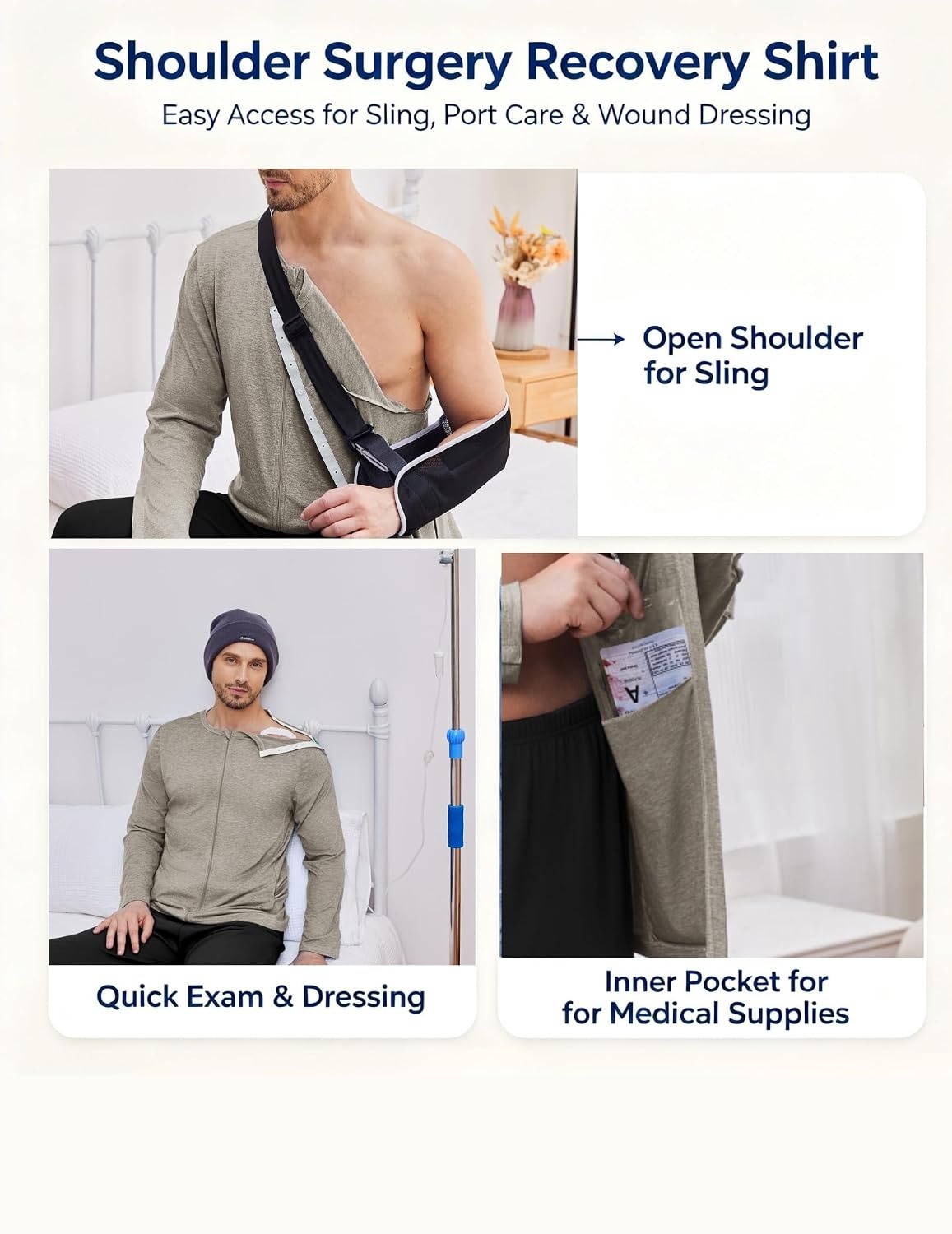 image:imageDeyeek Mens Front Zip Post Shoulder Surgery Adaptive Shirt Full arm snap open design builtin pocket comfortable chemo recovery wear for shoulder injuryLight Tan