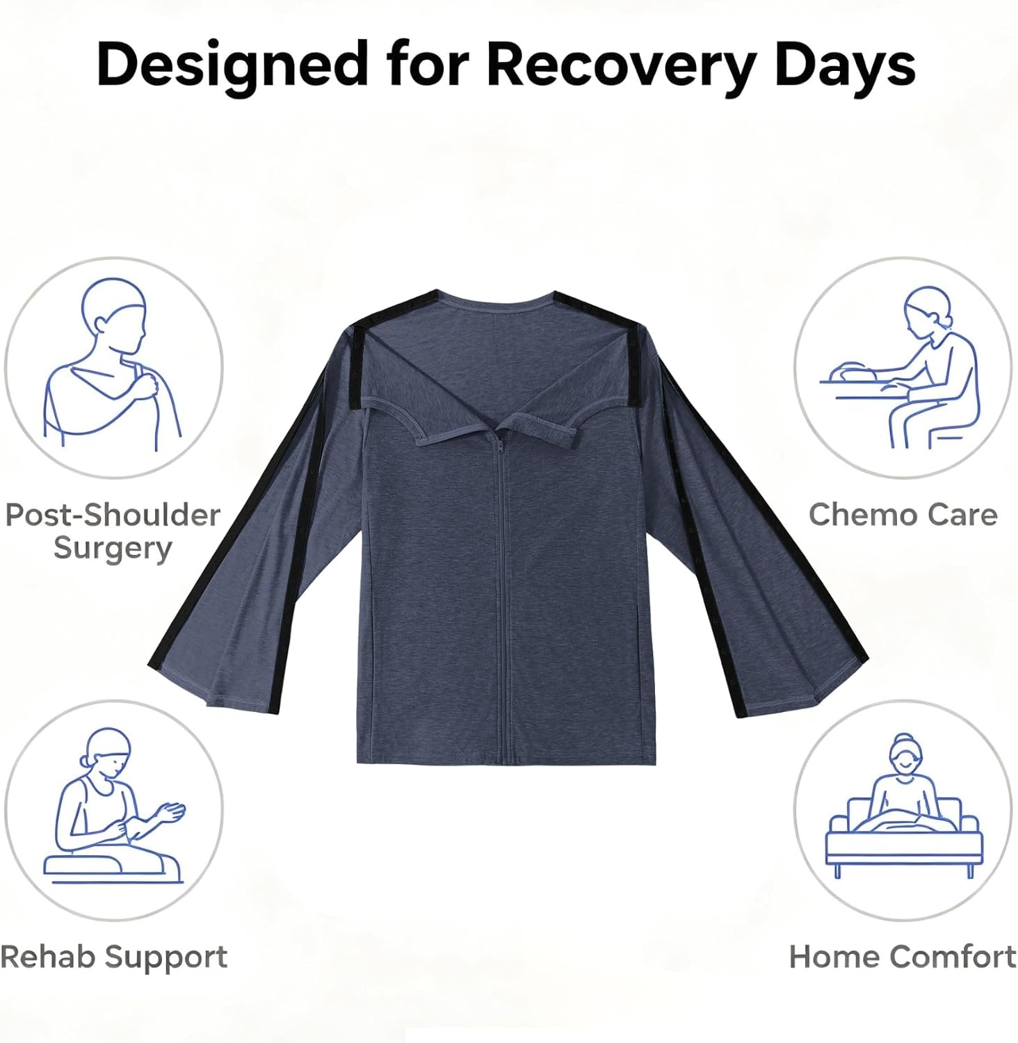 image:imageDeyeek Mens Front Zip Post Shoulder Surgery Adaptive Shirt Full arm snap open design builtin pocket comfortable chemo recovery wear for shoulder injuryPeriwinkle