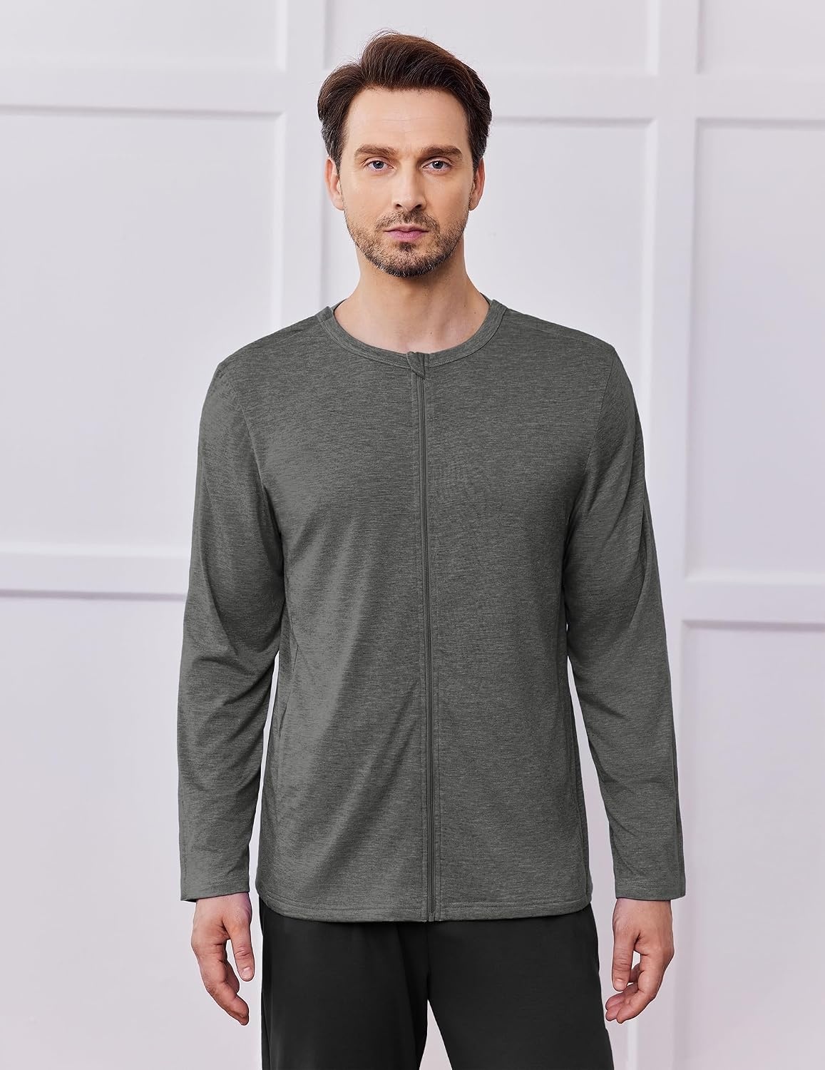 image:imageDeyeek Mens Front Zip Post Shoulder Surgery Adaptive Shirt Full arm snap open design builtin pocket comfortable chemo recovery wear for shoulder injuryCharcoal