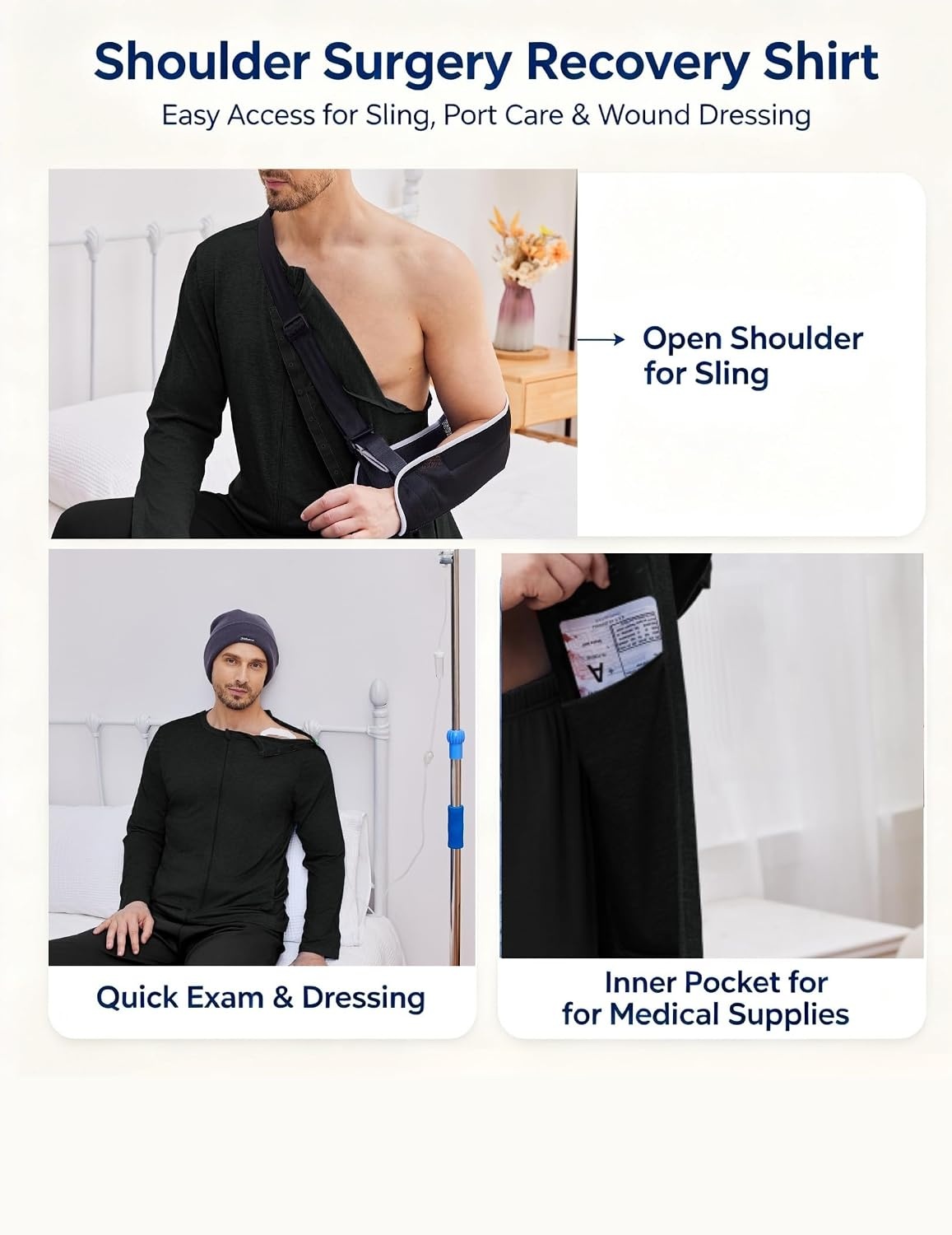 image:imageDeyeek Mens Front Zip Post Shoulder Surgery Adaptive Shirt Full arm snap open design builtin pocket comfortable chemo recovery wear for shoulder injuryBlack