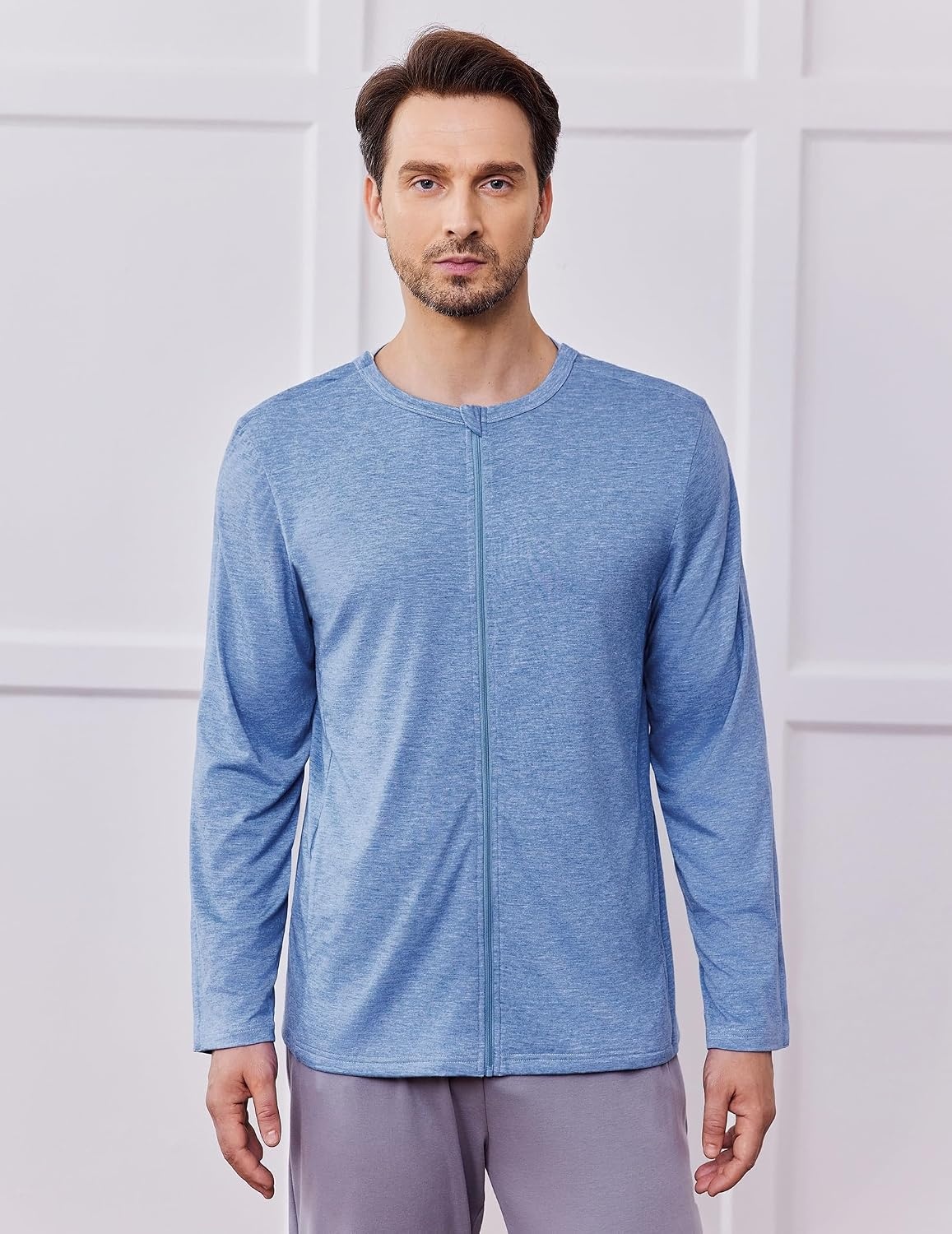 image:imageDeyeek Mens Front Zip Post Shoulder Surgery Adaptive Shirt Full arm snap open design builtin pocket comfortable chemo recovery wear for shoulder injuryBlue
