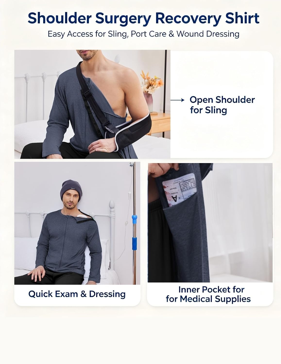 image:imageDeyeek Mens Front Zip Post Shoulder Surgery Adaptive Shirt Full arm snap open design builtin pocket comfortable chemo recovery wear for shoulder injuryPeriwinkle