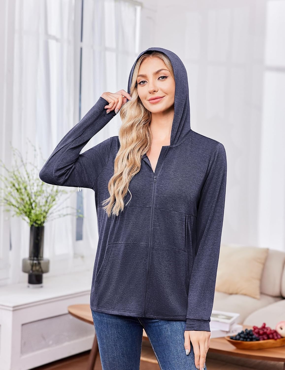 image:imageDeyeek Womens Mastectomy Dialysis Shirts with Drain Pockets amp Arm Zipper After Dialysis Sweatshirts with Arm Zipper Post Surgery Hoodie with 4 Drain Pockets Long Sleeve Chemo Shirt for Port AccessBlue Purple