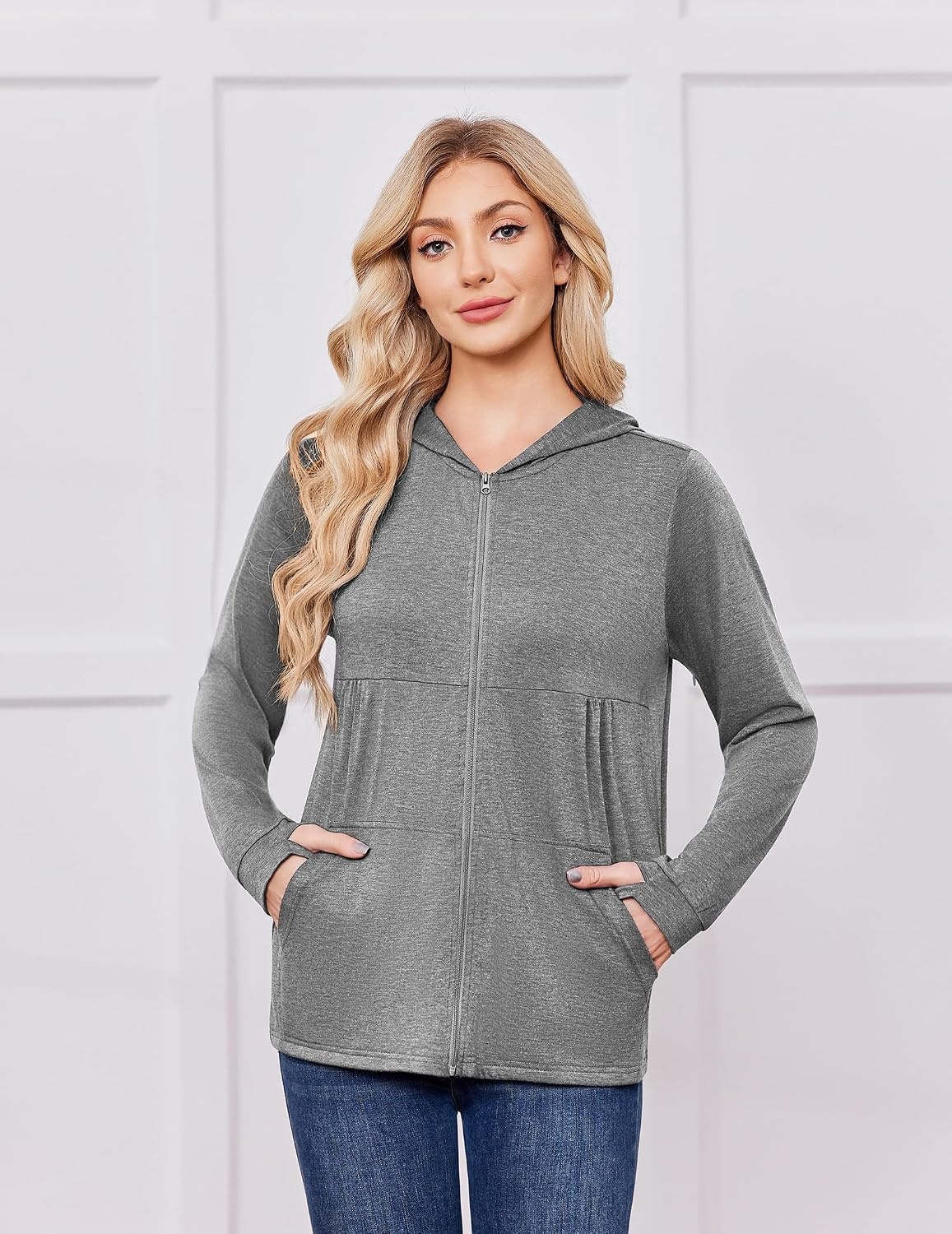 image:imageDeyeek Womens Mastectomy Dialysis Shirts with Drain Pockets amp Arm Zipper After Dialysis Sweatshirts with Arm Zipper Post Surgery Hoodie with 4 Drain Pockets Long Sleeve Chemo Shirt for Port AccessLight Grey
