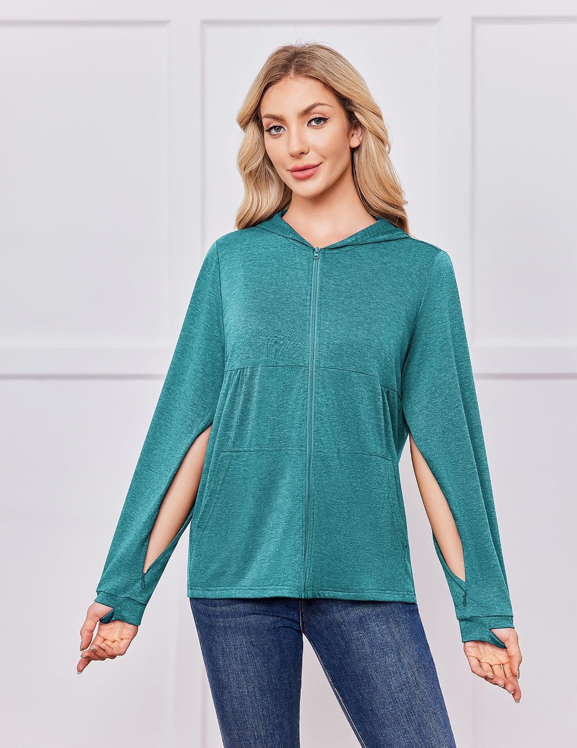 image:imageDeyeek Womens Mastectomy Dialysis Shirts with Drain Pockets amp Arm Zipper After Dialysis Sweatshirts with Arm Zipper Post Surgery Hoodie with 4 Drain Pockets Long Sleeve Chemo Shirt for Port AccessPeacock Blue