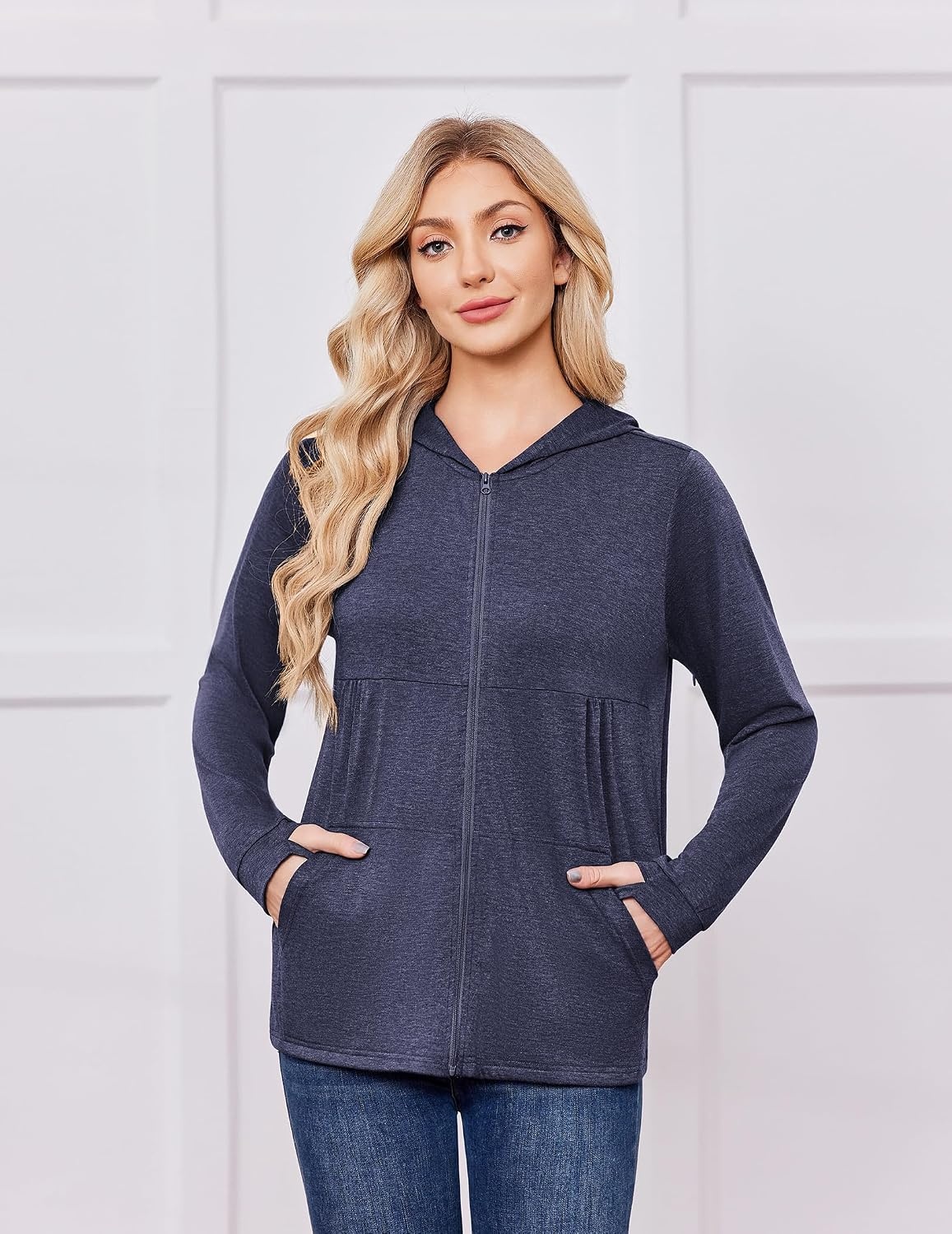 image:imageDeyeek Womens Mastectomy Dialysis Shirts with Drain Pockets amp Arm Zipper After Dialysis Sweatshirts with Arm Zipper Post Surgery Hoodie with 4 Drain Pockets Long Sleeve Chemo Shirt for Port AccessBlue Purple