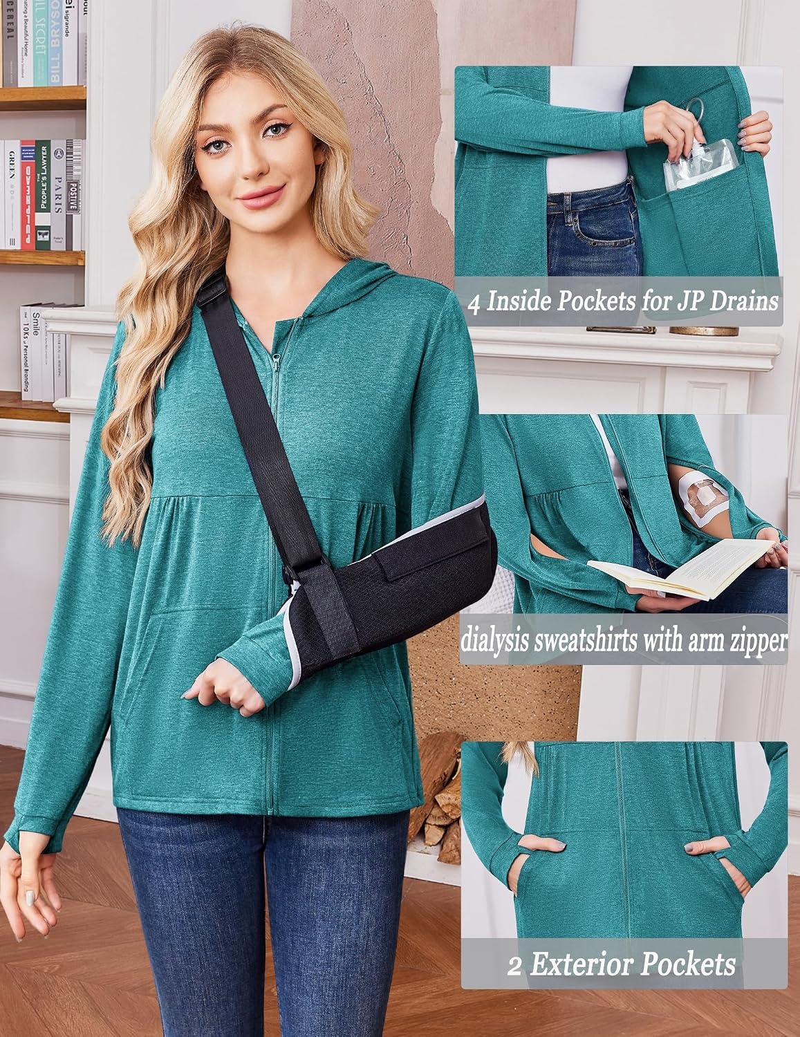 image:imageDeyeek Womens Mastectomy Dialysis Shirts with Drain Pockets amp Arm Zipper After Dialysis Sweatshirts with Arm Zipper Post Surgery Hoodie with 4 Drain Pockets Long Sleeve Chemo Shirt for Port AccessPeacock Blue