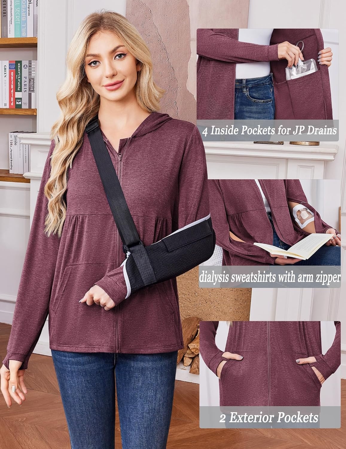 image:imageDeyeek Womens Mastectomy Dialysis Shirts with Drain Pockets amp Arm Zipper After Dialysis Sweatshirts with Arm Zipper Post Surgery Hoodie with 4 Drain Pockets Long Sleeve Chemo Shirt for Port AccessBurgundy