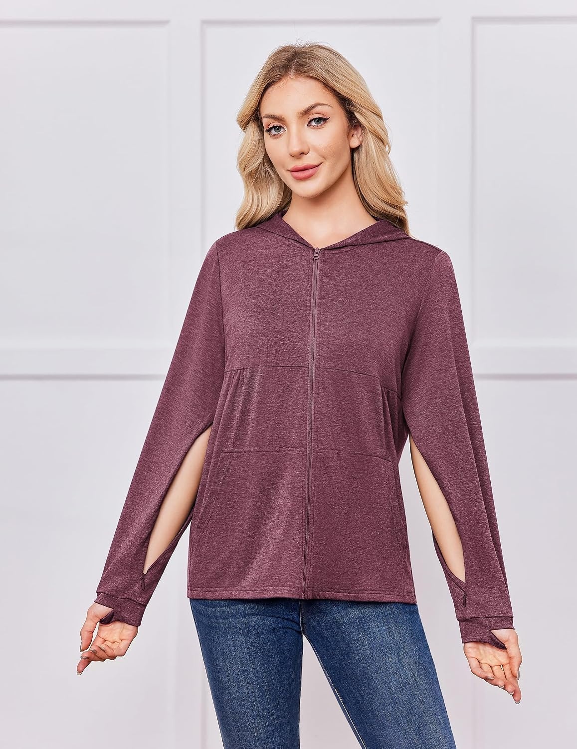 image:imageDeyeek Womens Mastectomy Dialysis Shirts with Drain Pockets amp Arm Zipper After Dialysis Sweatshirts with Arm Zipper Post Surgery Hoodie with 4 Drain Pockets Long Sleeve Chemo Shirt for Port AccessBurgundy